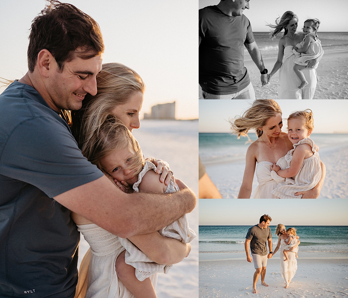 family running on Navarre Beach on a windy sunset night with Florida family photographer 