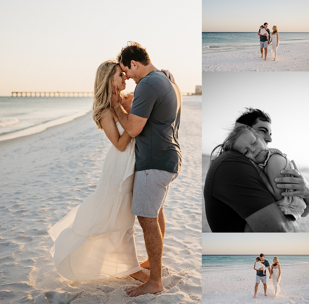 dad holding sleepy daughter during family session at Navarre Beach