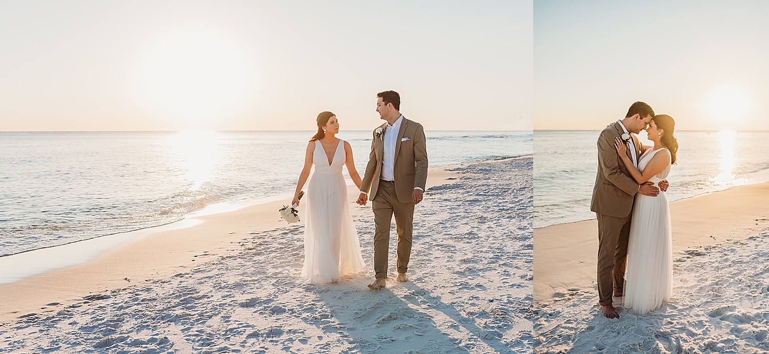 newly married man and woman walking at sunset for 30A Beach Guide