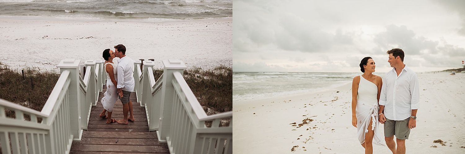 engaged couple walks along beach steps byFlorida wedding Photographer 
