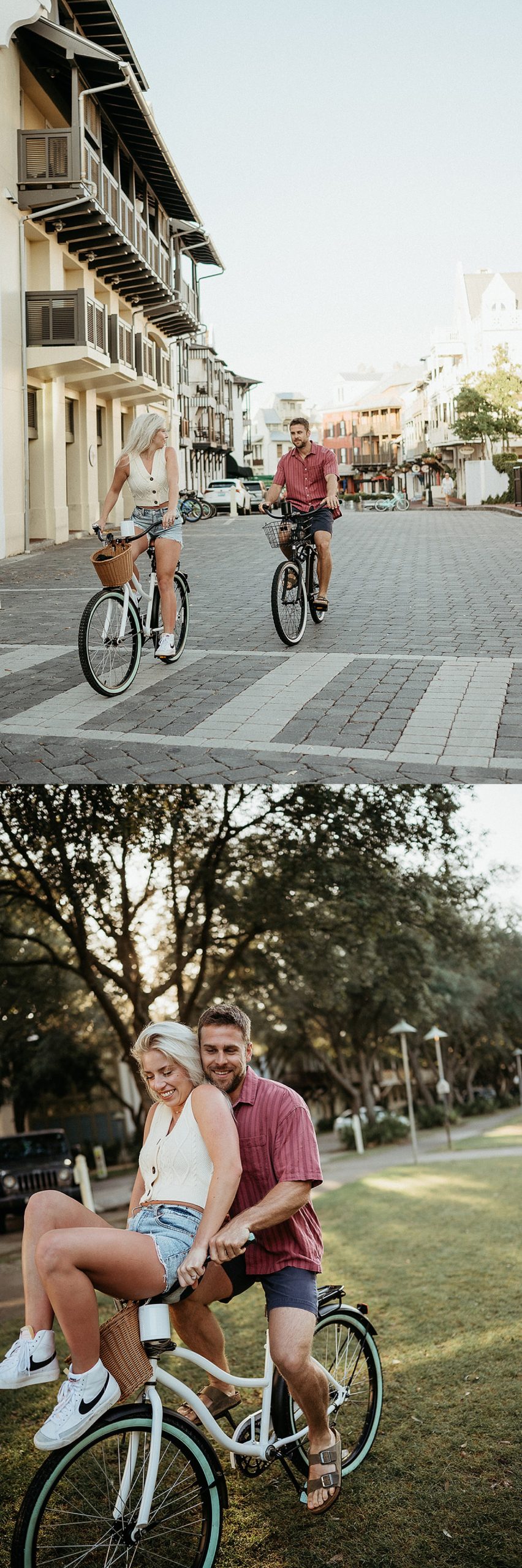 man and woman during engagement session ride bikes by Florida wedding photographer