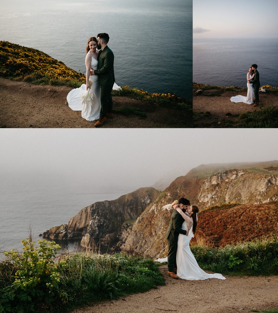 wedding couple embracing on Howth Cliffs in Ireland