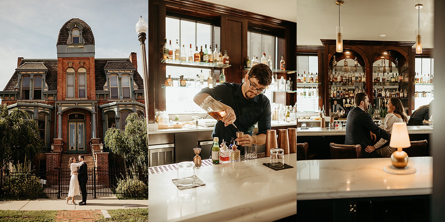 stopping at local bar for cocktails by Detroit engagement photographer 
