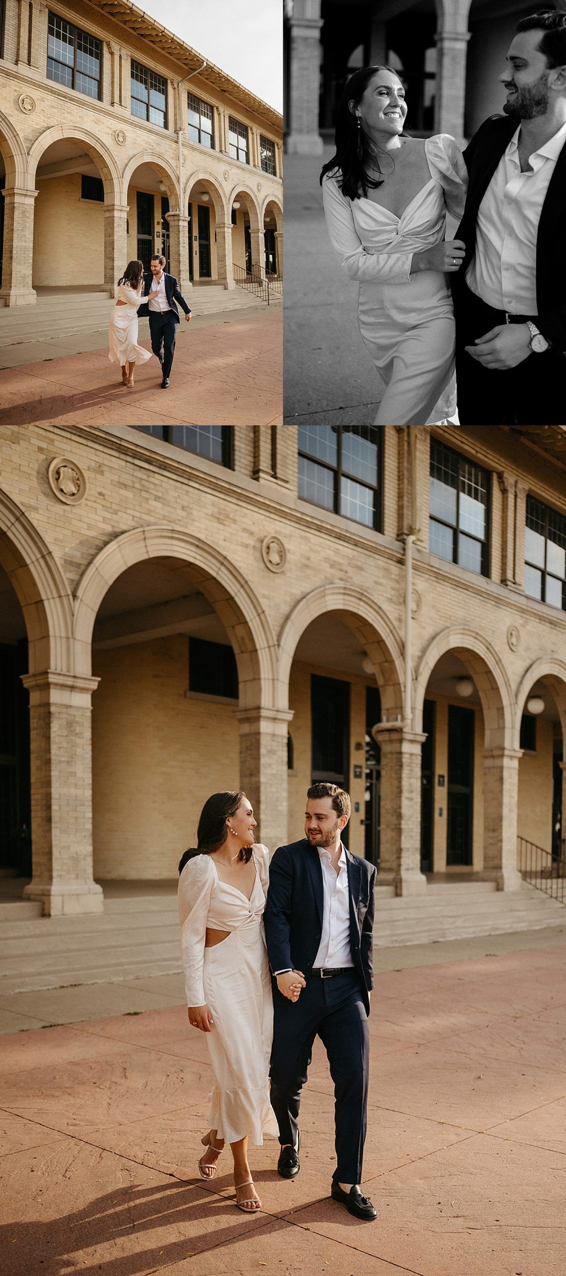 couple walking by local building by Detroit engagement photographer 