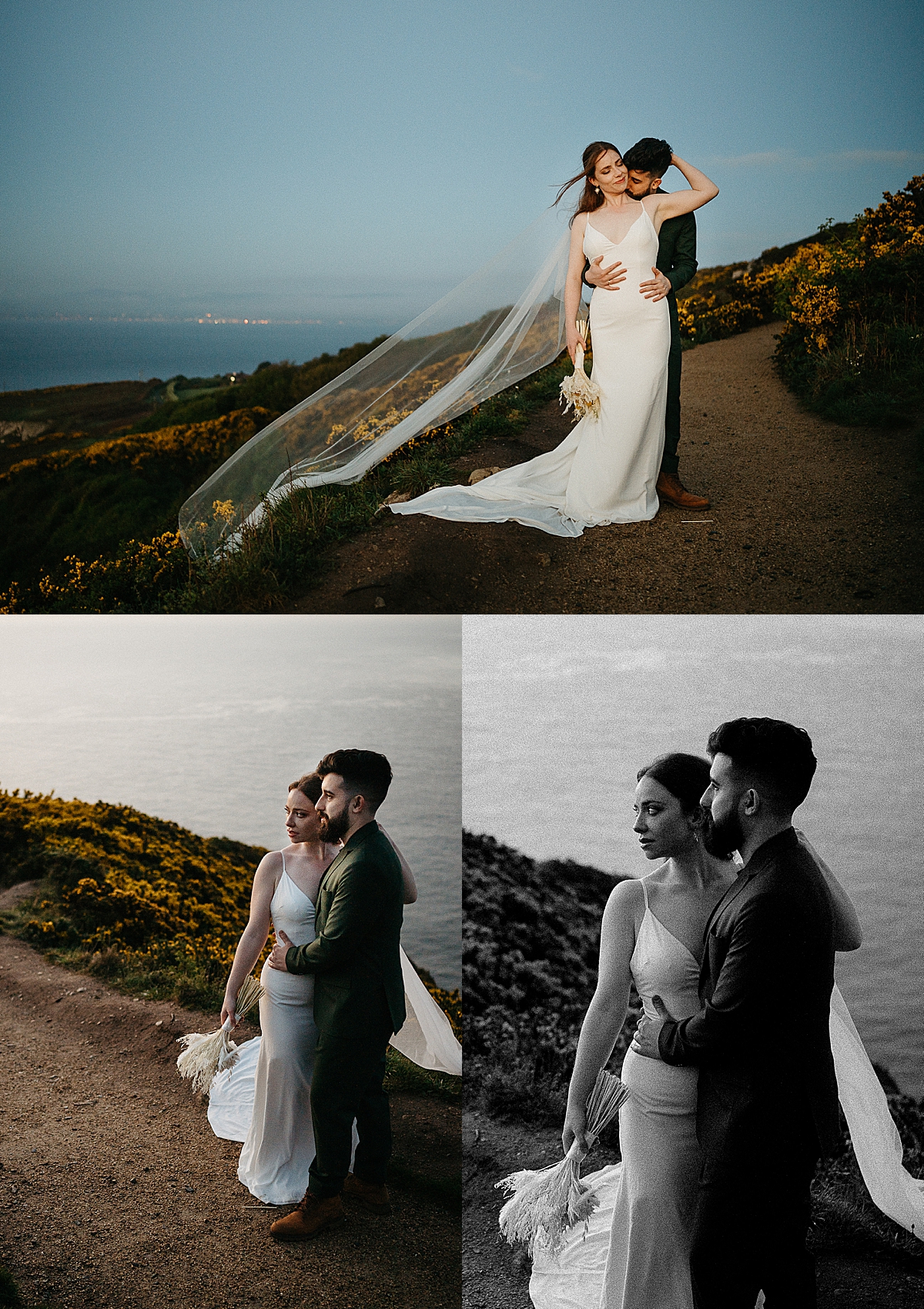 howth cliffs elopement in Ireland with man and woman couples holding wedding florals 