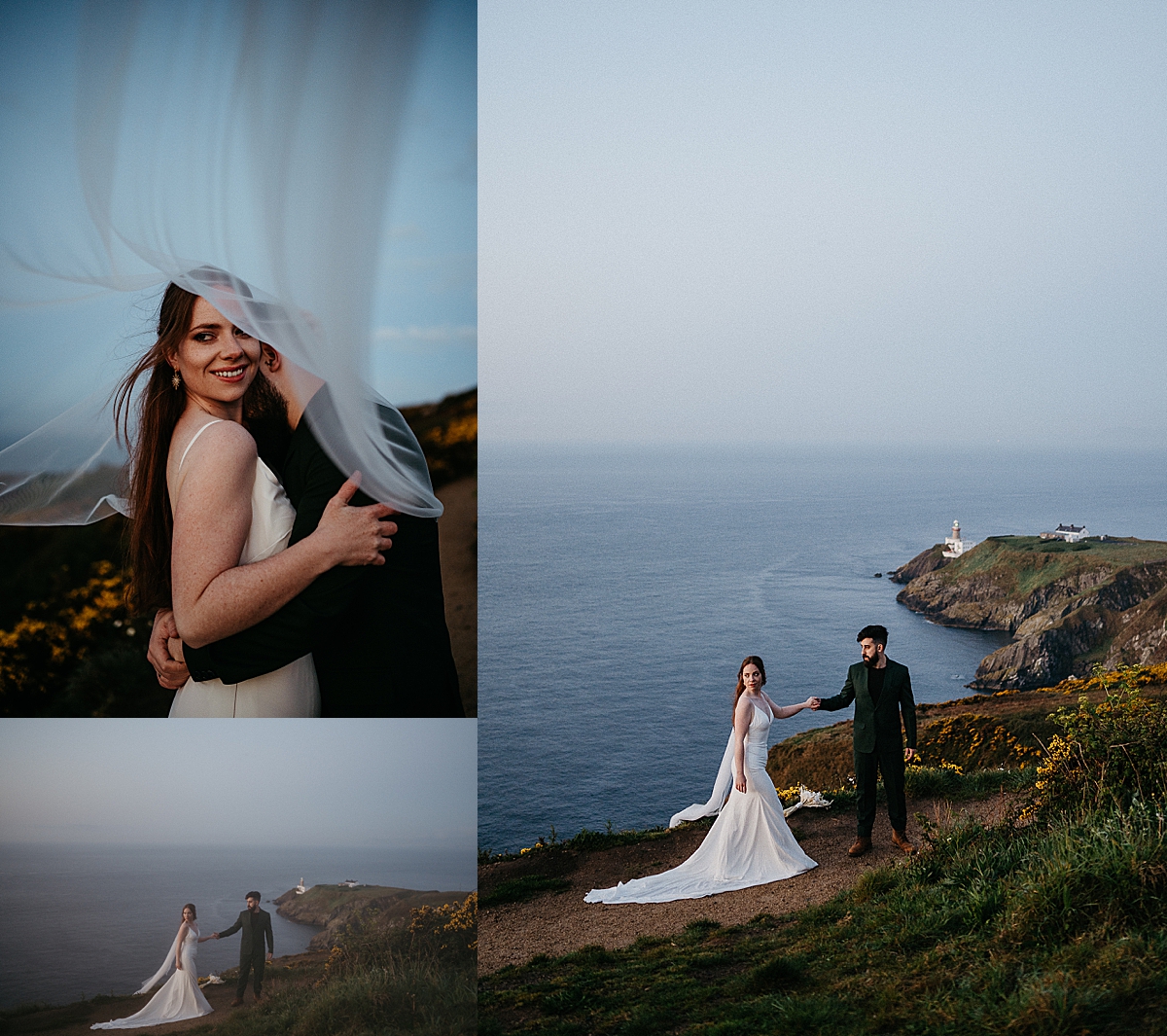 married couple eloping in Ireland with lighthouse in the background at sunrise 