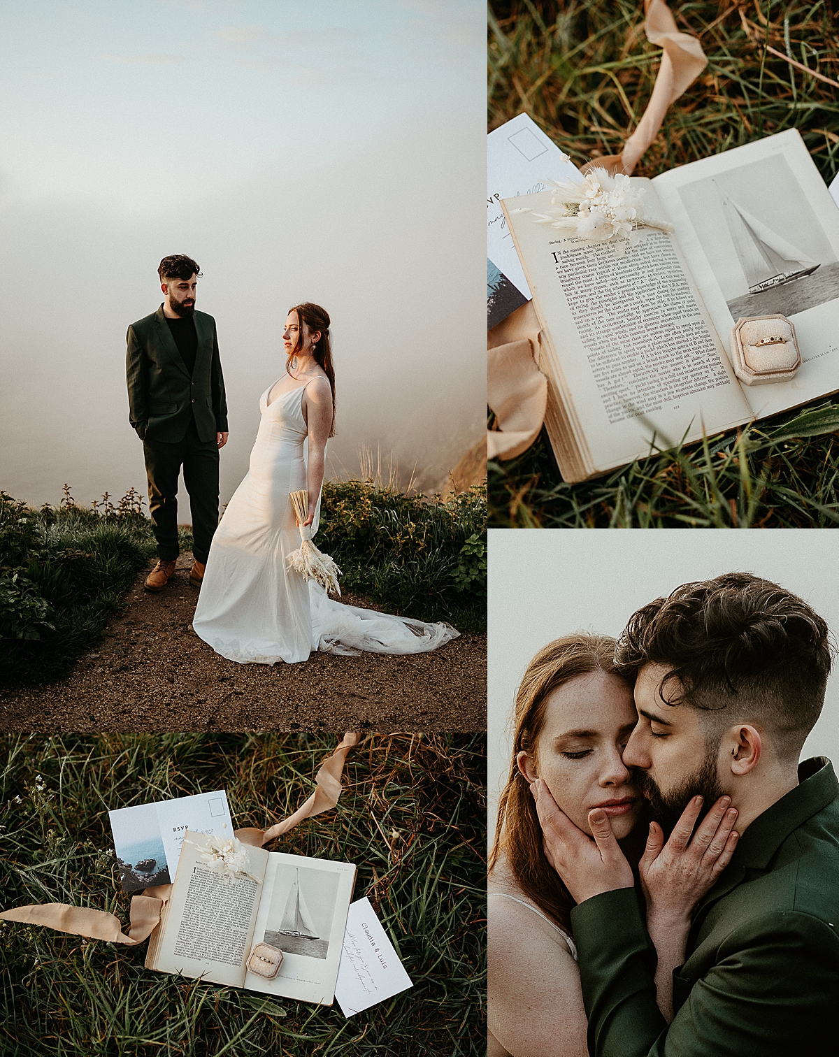 flat lay details of wedding band and wedding florals on cliffs by Ireland elopement photographer 