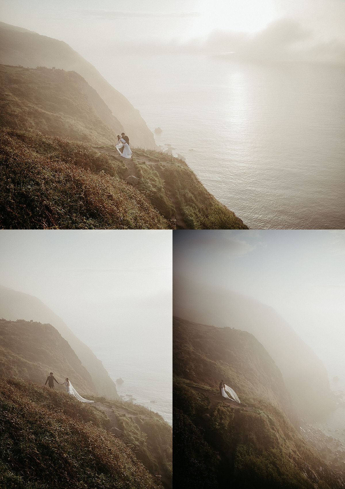 foggy morning elopement in Ireland at sunrise with long lace veil and wedding dress 