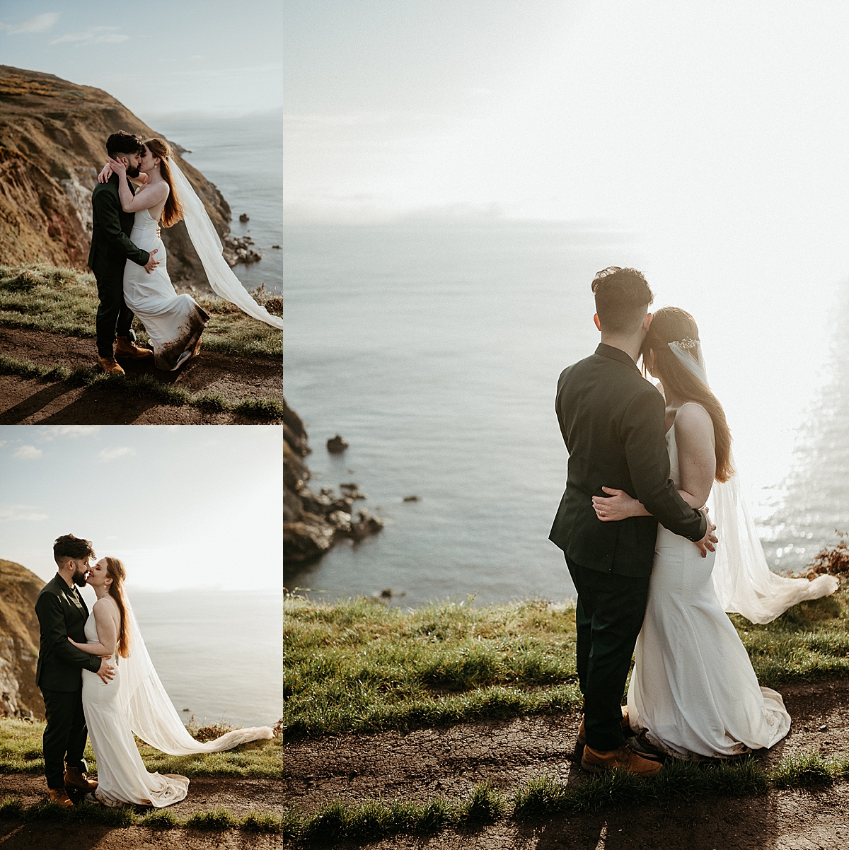 married couple kiss on howth cliffs at sunrise wearing black suit and white wedding dress 