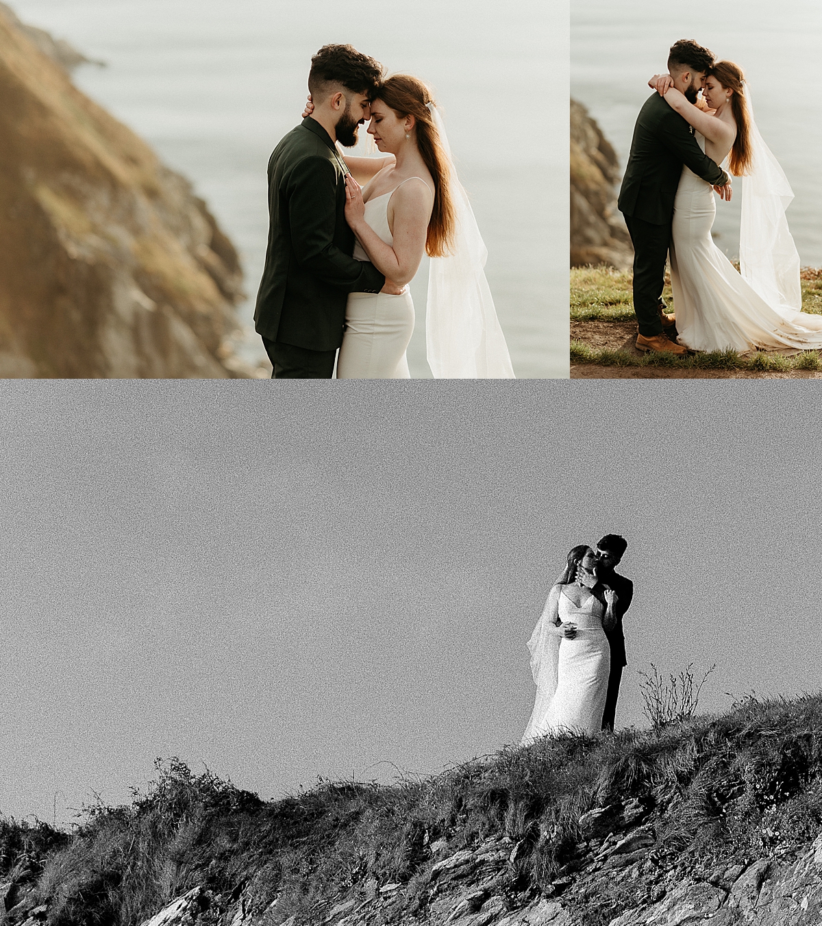 cliffside elopement outside of Dublin with woman wearing long lace veil 