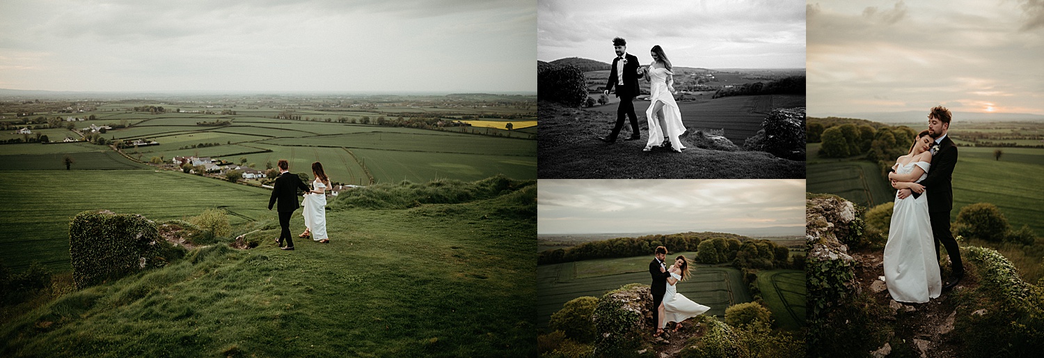 Bride and groom on Irish countryside by destination wedding photographer 
