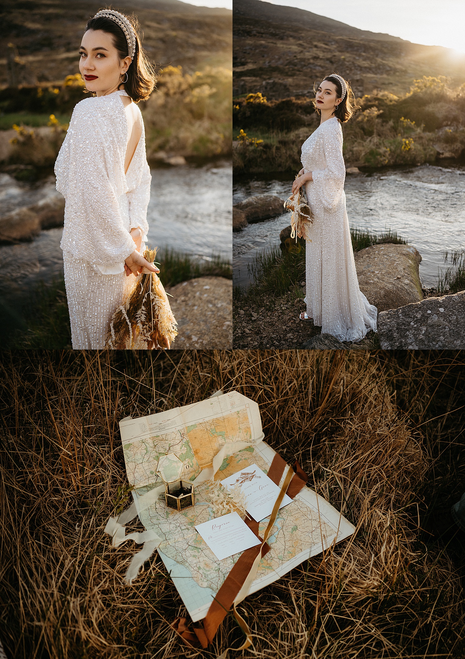 bride in beaded gown by creek for Ireland elopement guide