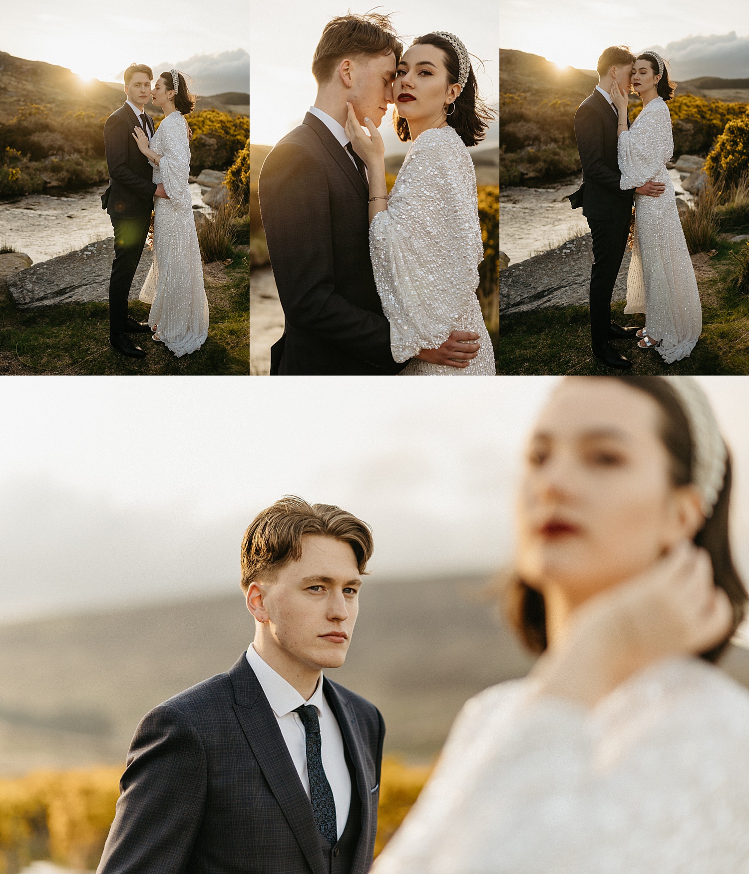 Newlyweds kissing in golden hour for Ireland elopement guide