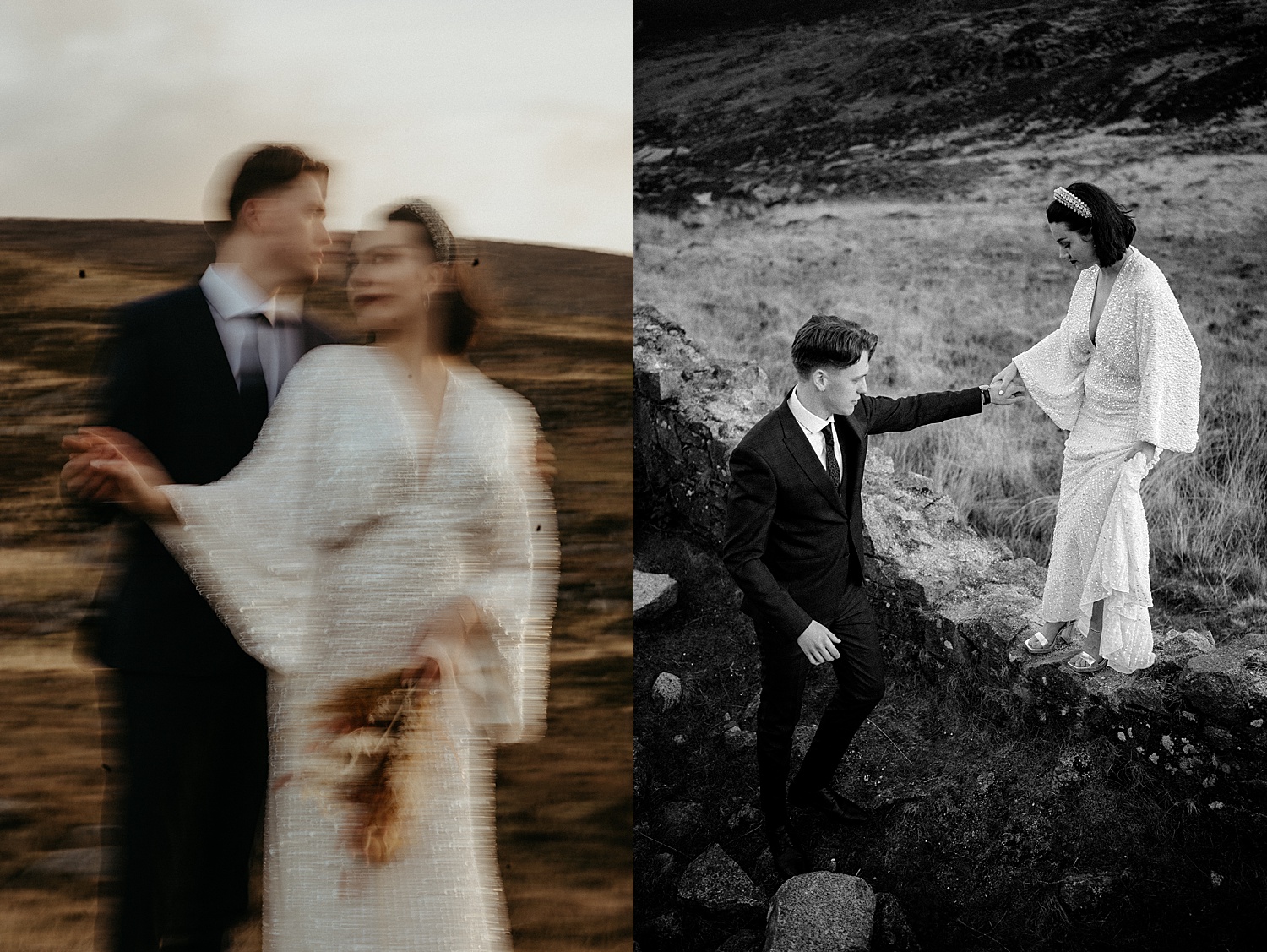 Groom helping bride over old wall for Ireland elopement guide 