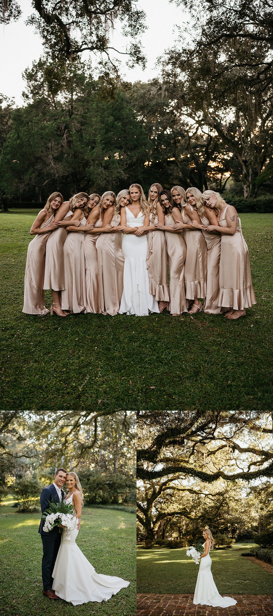bride and groom with bridesmaids wearing blush pink dresses by Emily burns photo