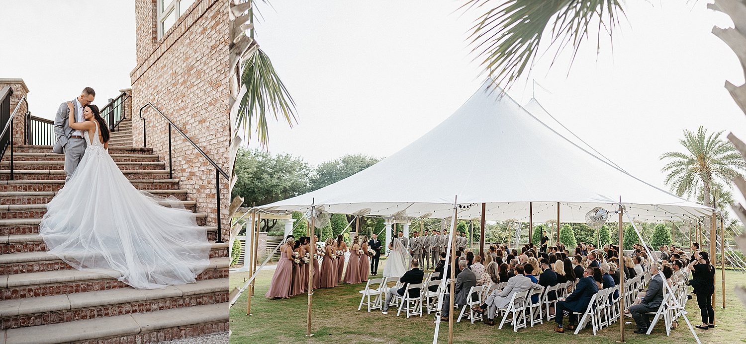 Outdoor ceremony on grass under white tent by Florida wedding photographer