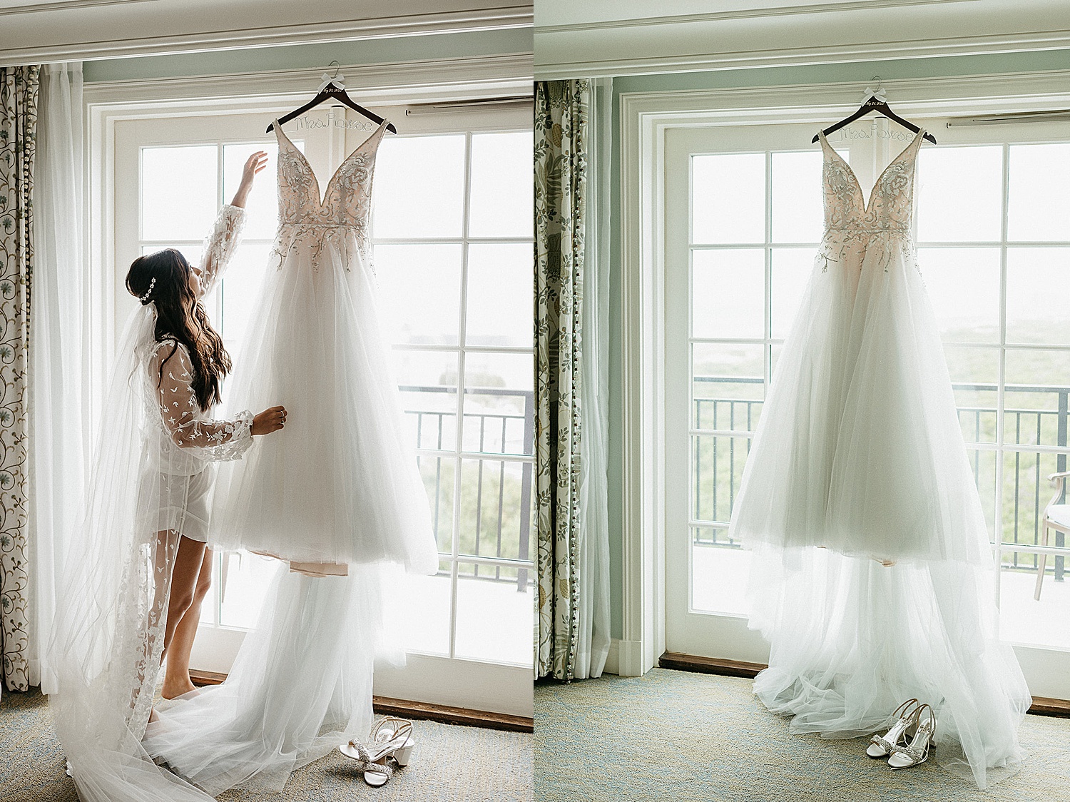 Bride in lace white getting ready outfit looking at wedding dress by Emily Burns photo