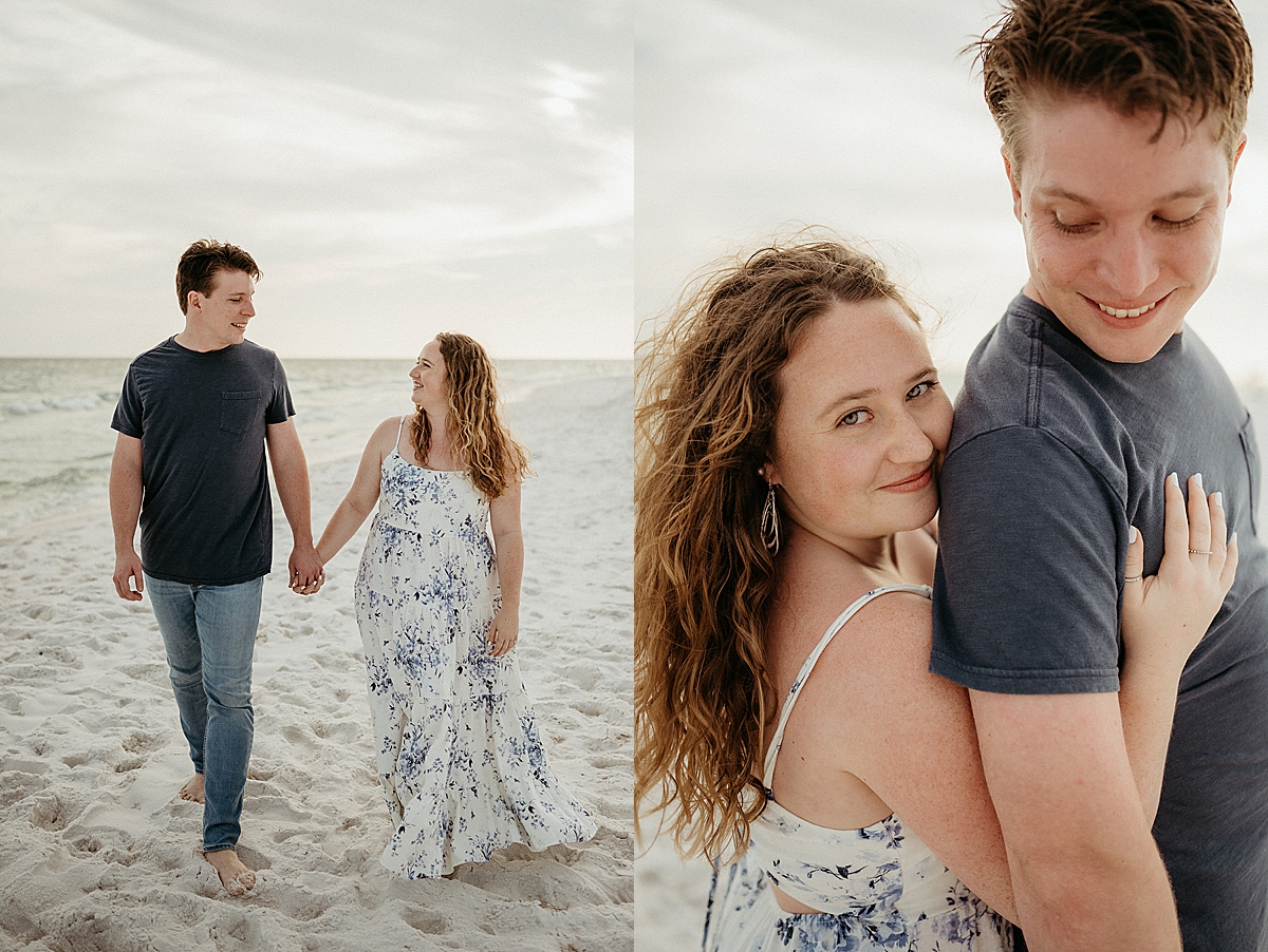 Sunset Engagement Session with couple wearing white floral dress 