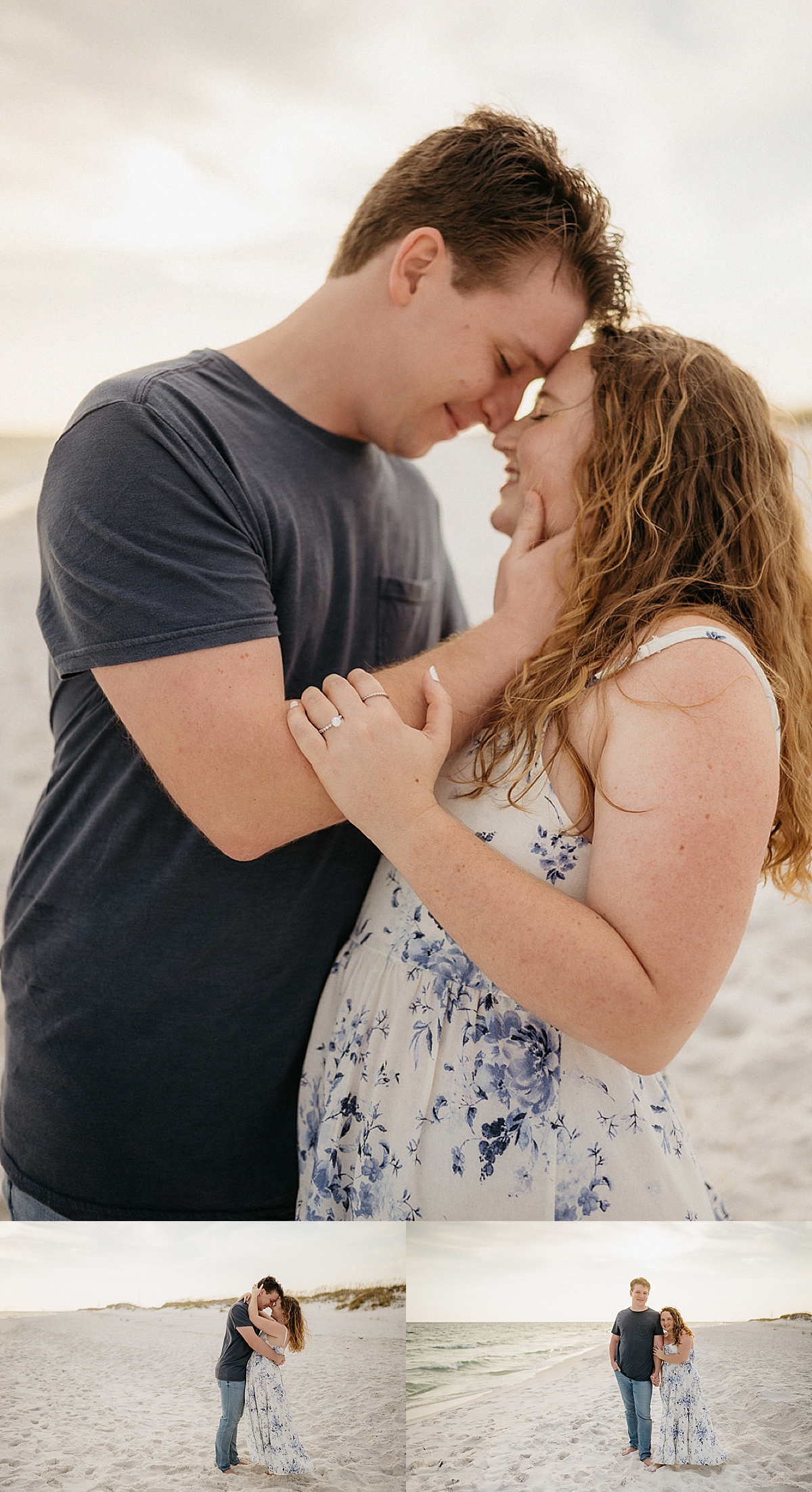 couple showing off diamond engagement ring on the beach by Emily burns photo