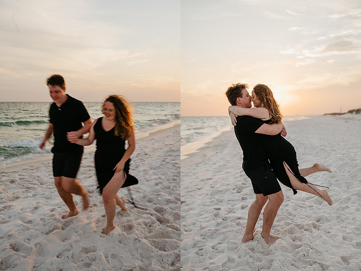 couple wearing black dress and shorts while running in the sand during sunset engagement session 