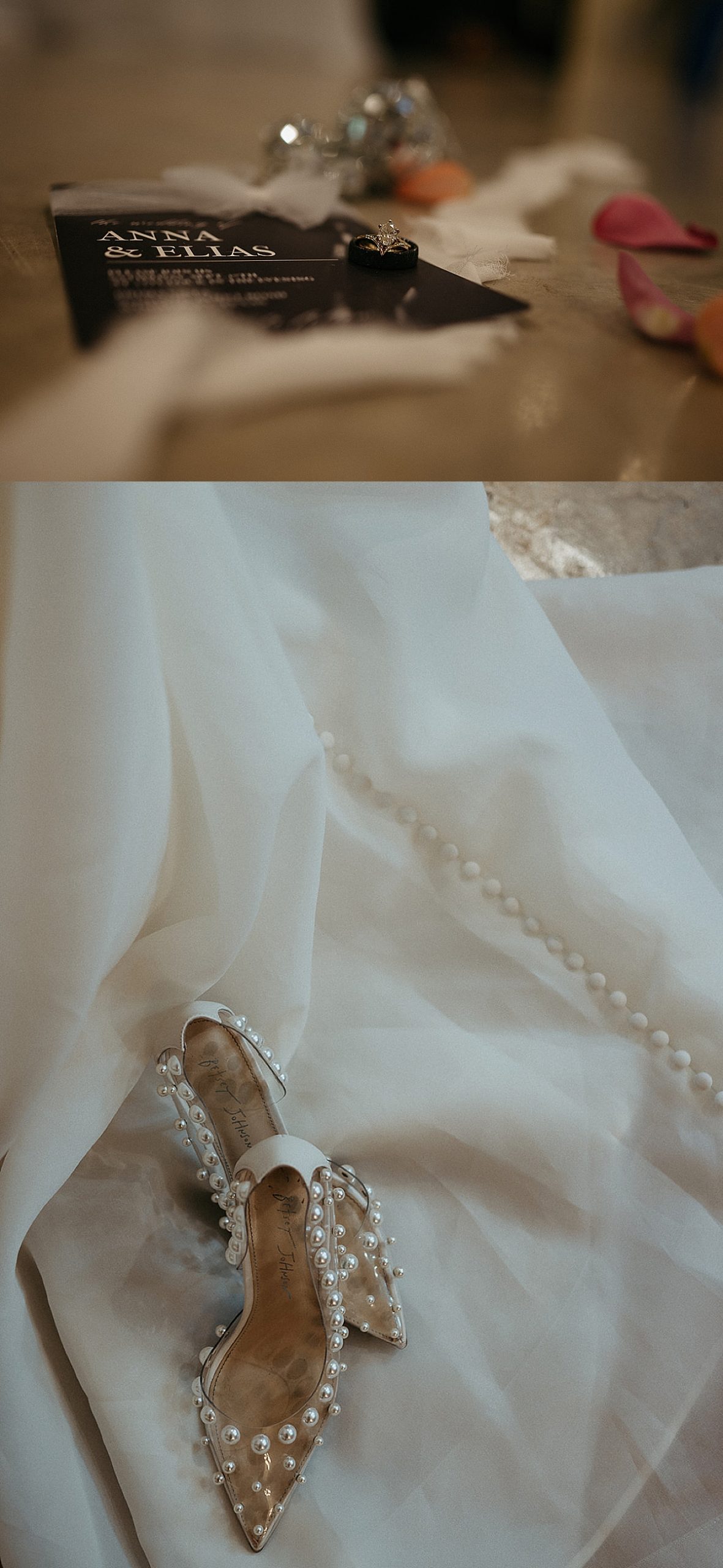 detail photo of ring and stationary with wedding shoes at prima vista 