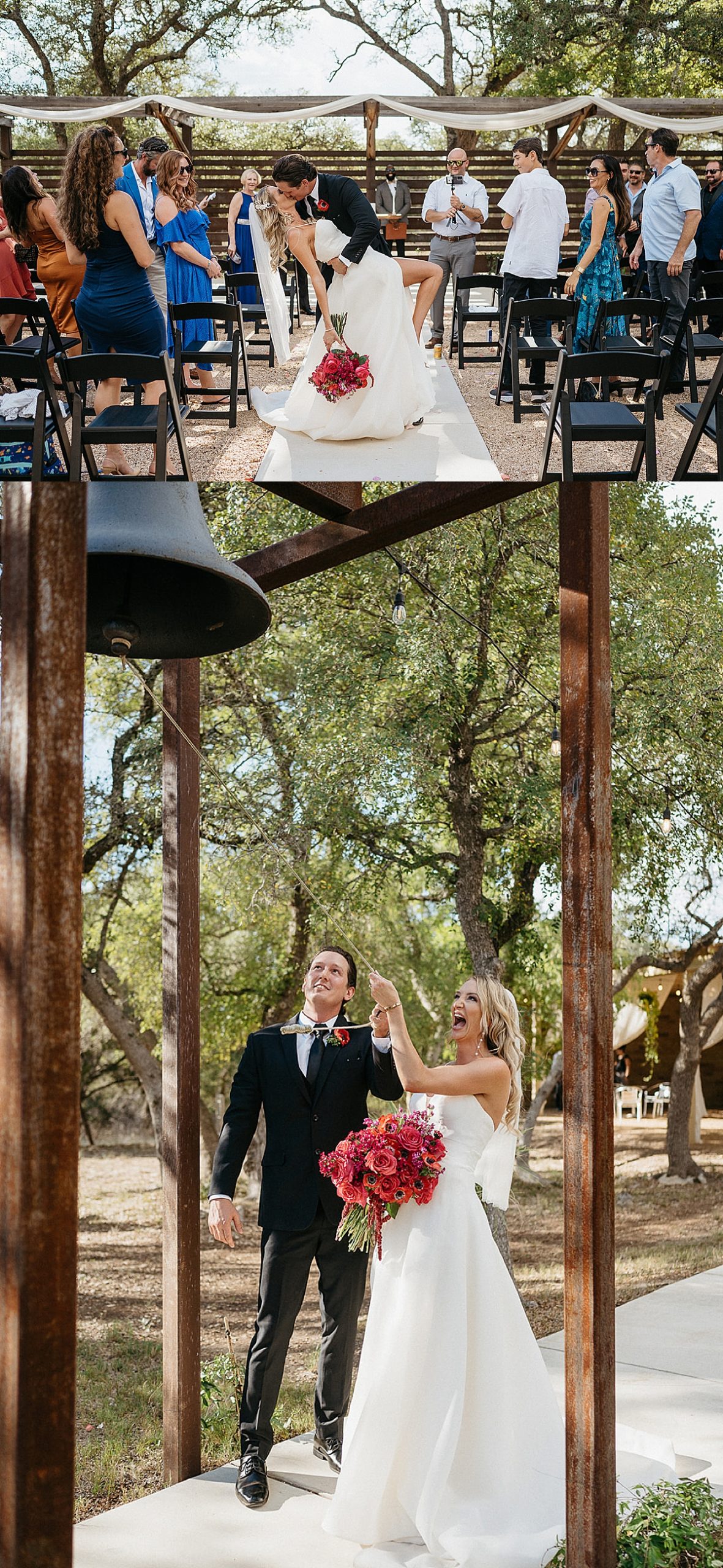 bride and groom ring the bell after outdoor ceremony by Emily burns photo
