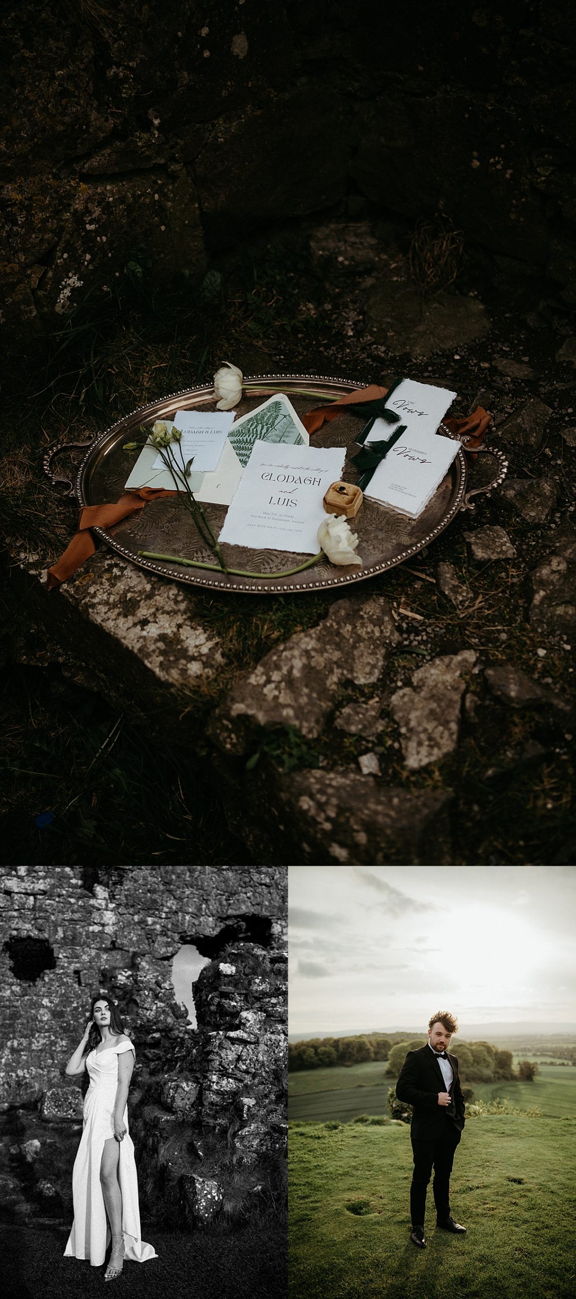 wedding flaylay of invites and wedding rings at Ireland castle ruin elopement 