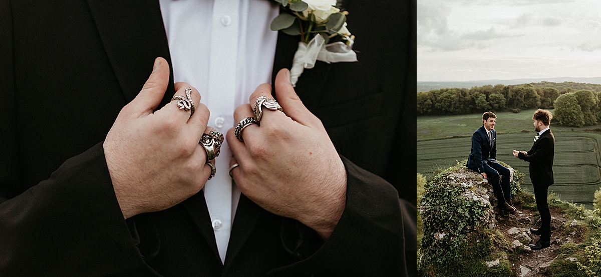 close up detailed shot of rings on groom by destination wedding photographer 