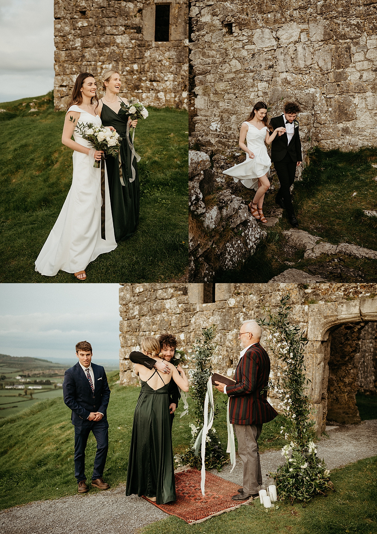 ireland castle ruin elopement ceremony with close family on windy day