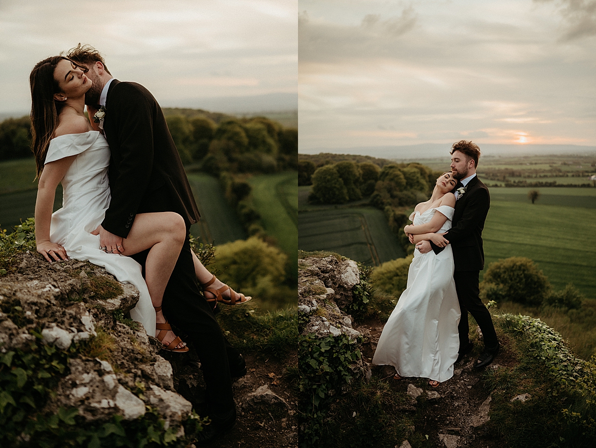 sunset with newly married couple overlooking the Irish hills at Ireland castle ruins elopement 