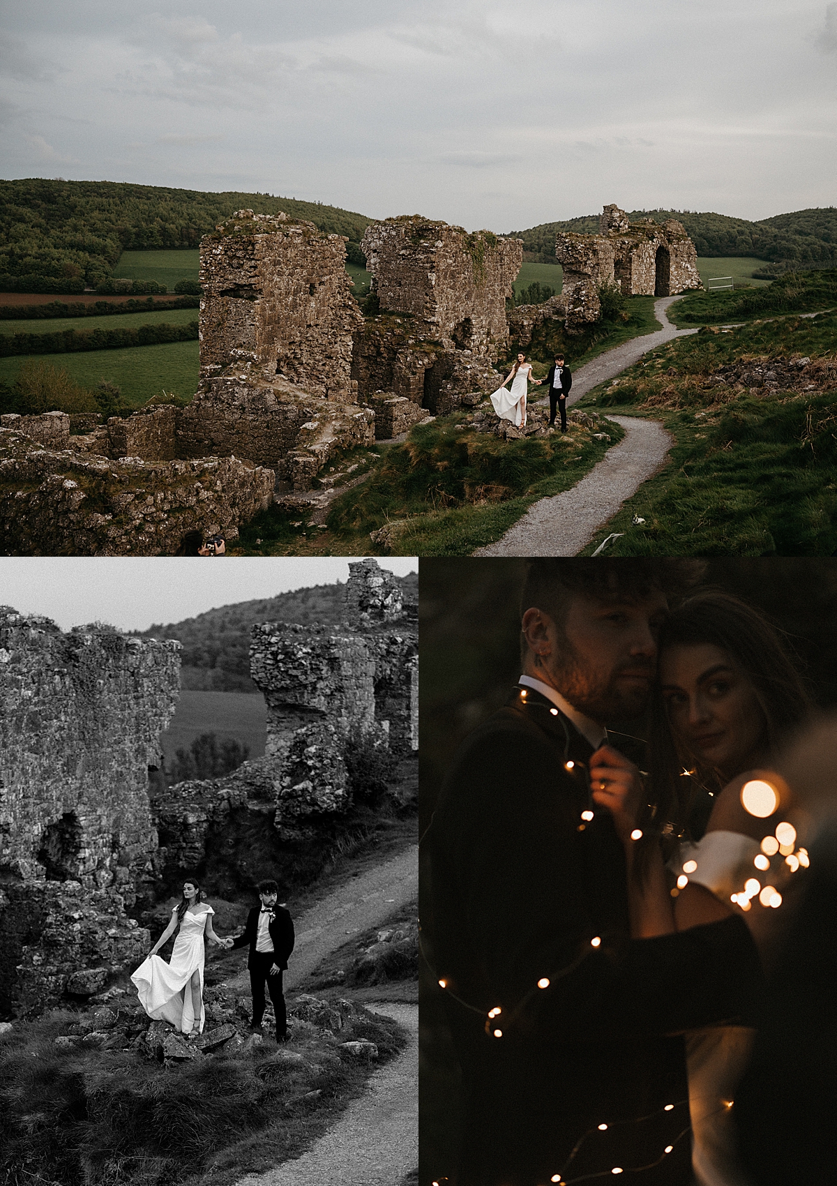newly married couple holding hands at the castle ruins after the sun goes down by Emily burns photo