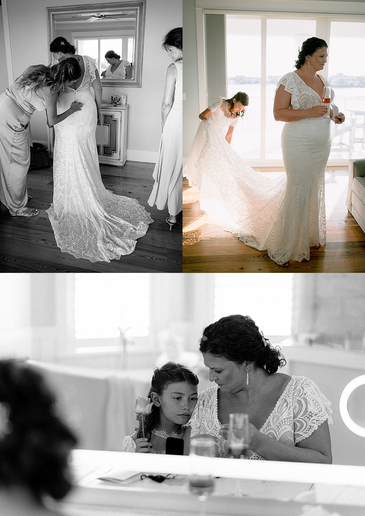 Bride and daughter playing with wedding dress train an Airbnb by Emily Burns photo