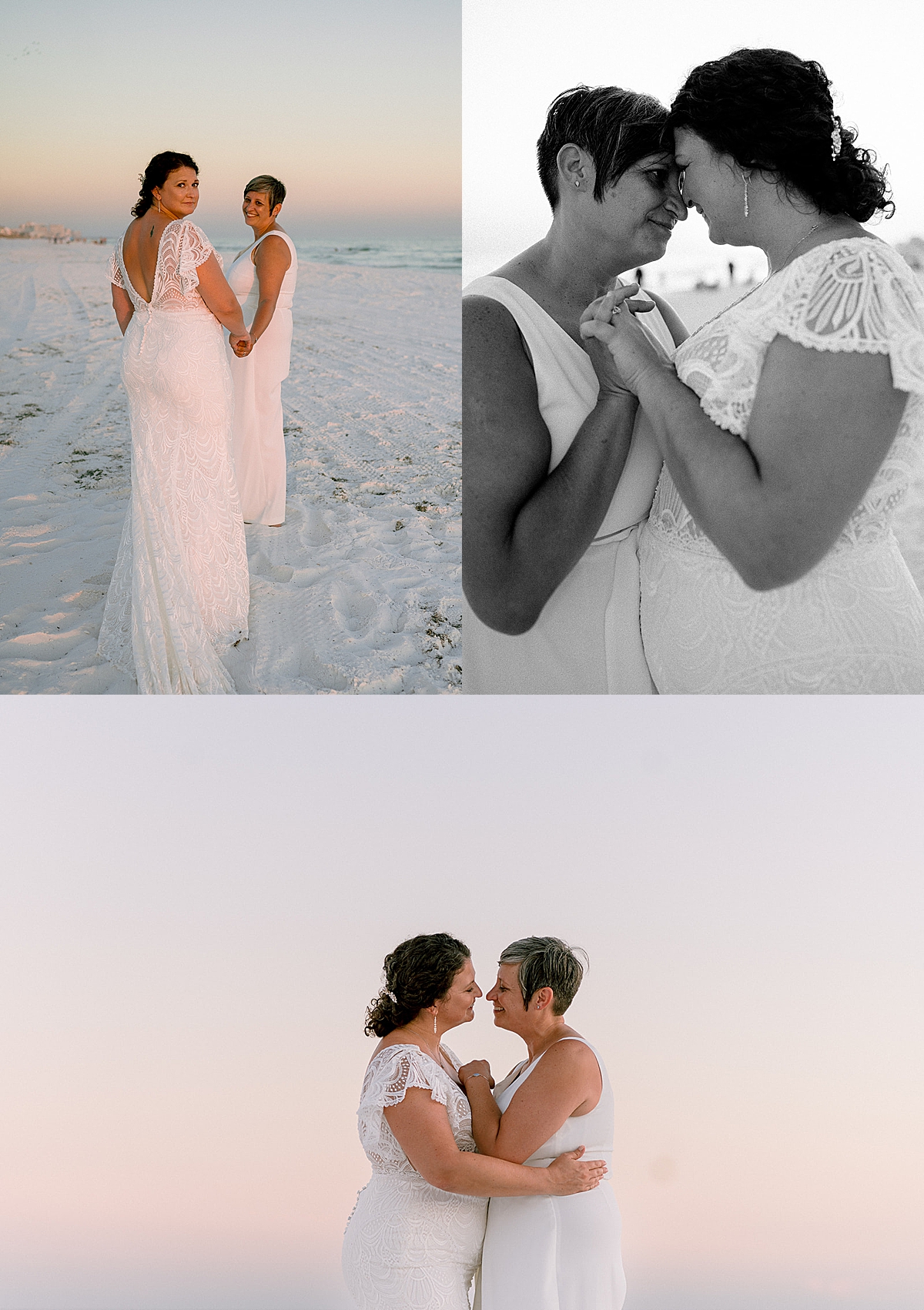 Sunset portrait of brides on the beach after ceremony by Emily Burns photo