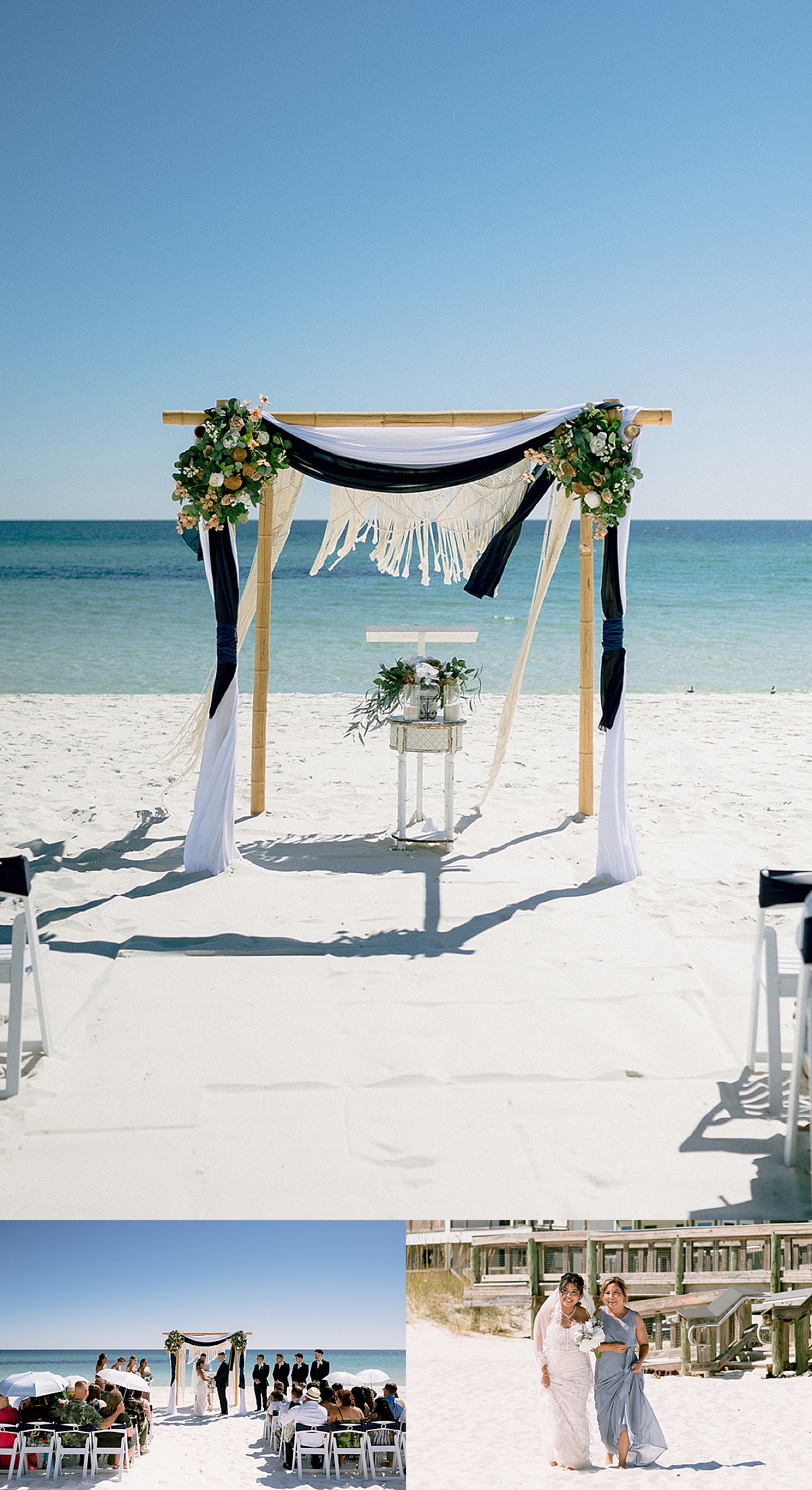 ceremony location on Navarre beach with wooden arch and wedding florals 