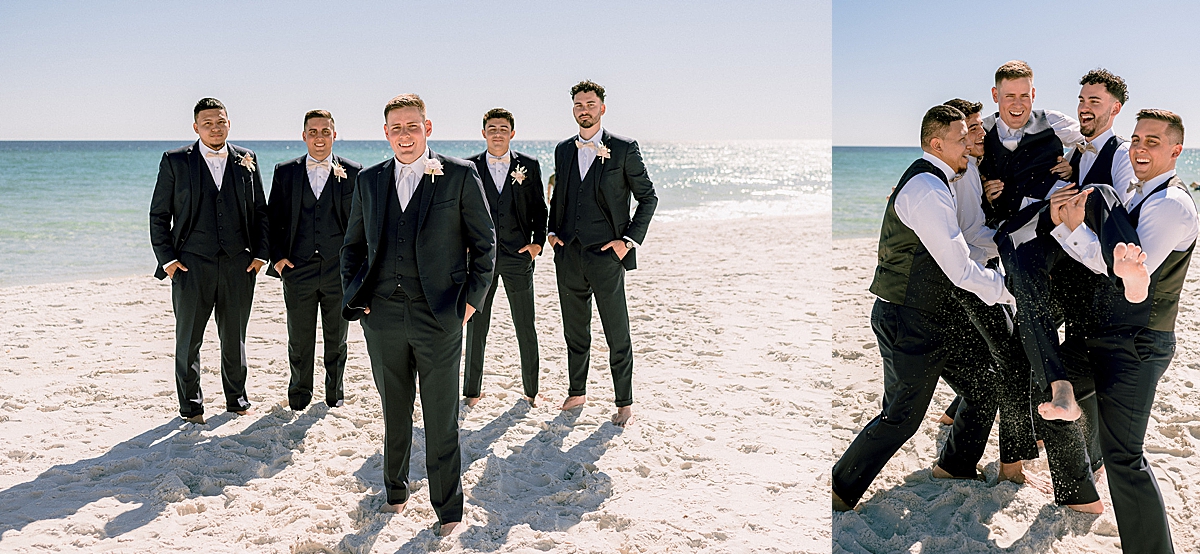 groom and groomsmen took each other up in the sand by destination wedding photographer 