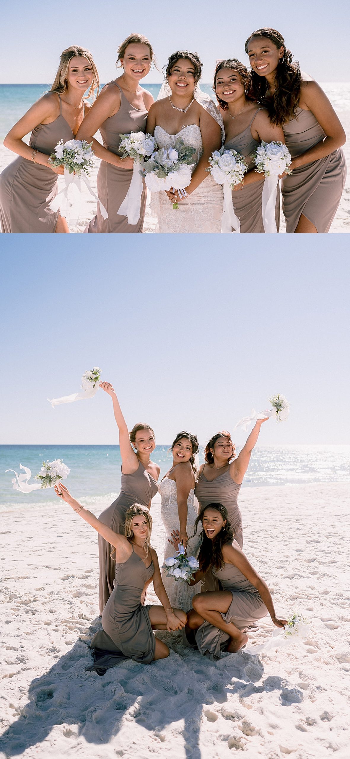 bride and bridesmaids wearing tan colored dresses and holding white wedding florals by Emily burns photo 