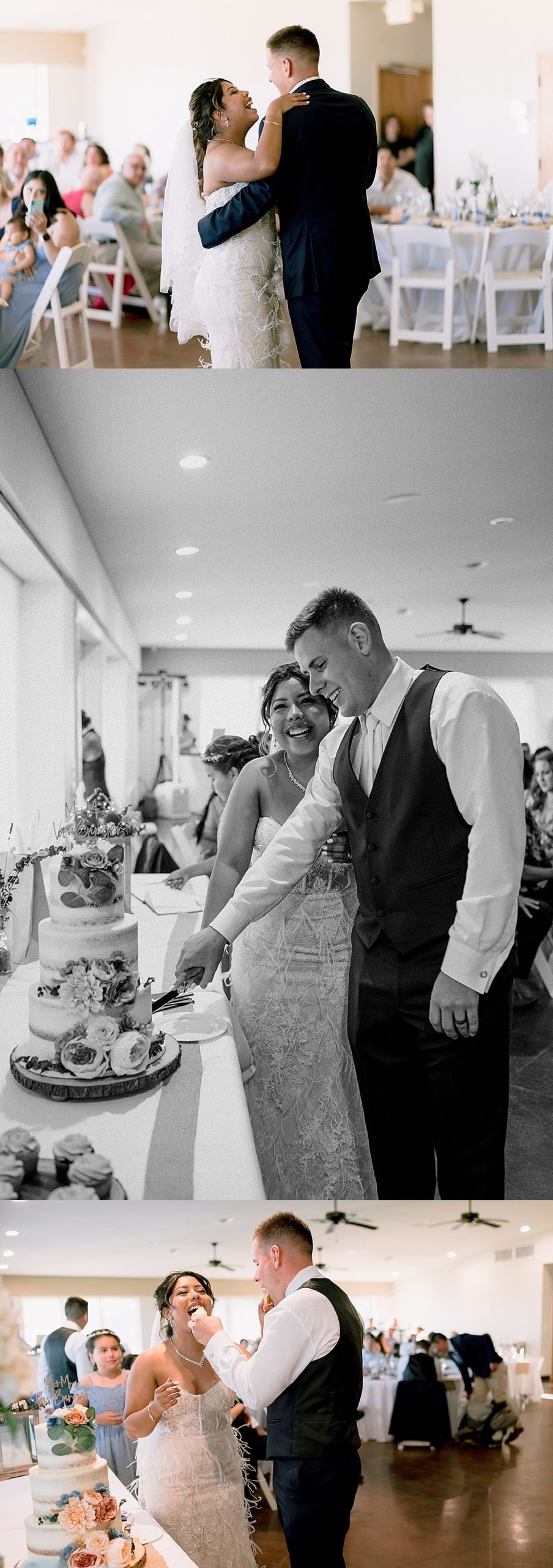 bride and groom cut cake at reception after Navarre beach wedding day 