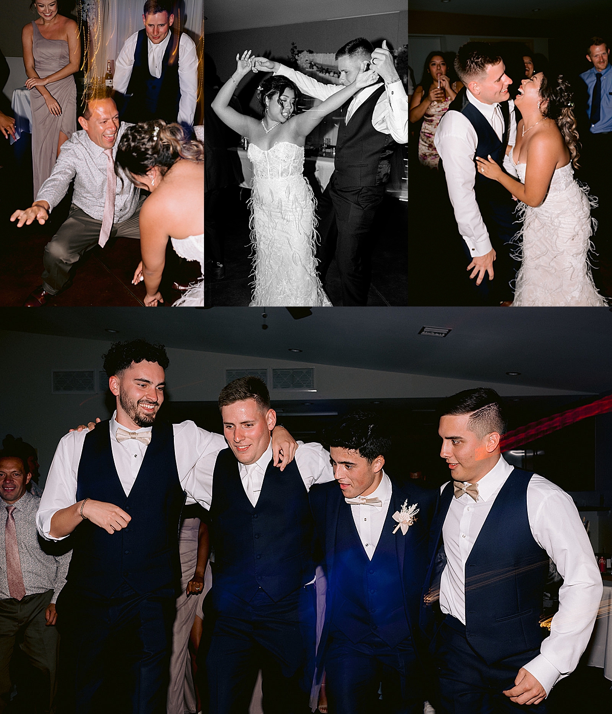 groom and groomsmen dance together at reception by destination wedding photographer 