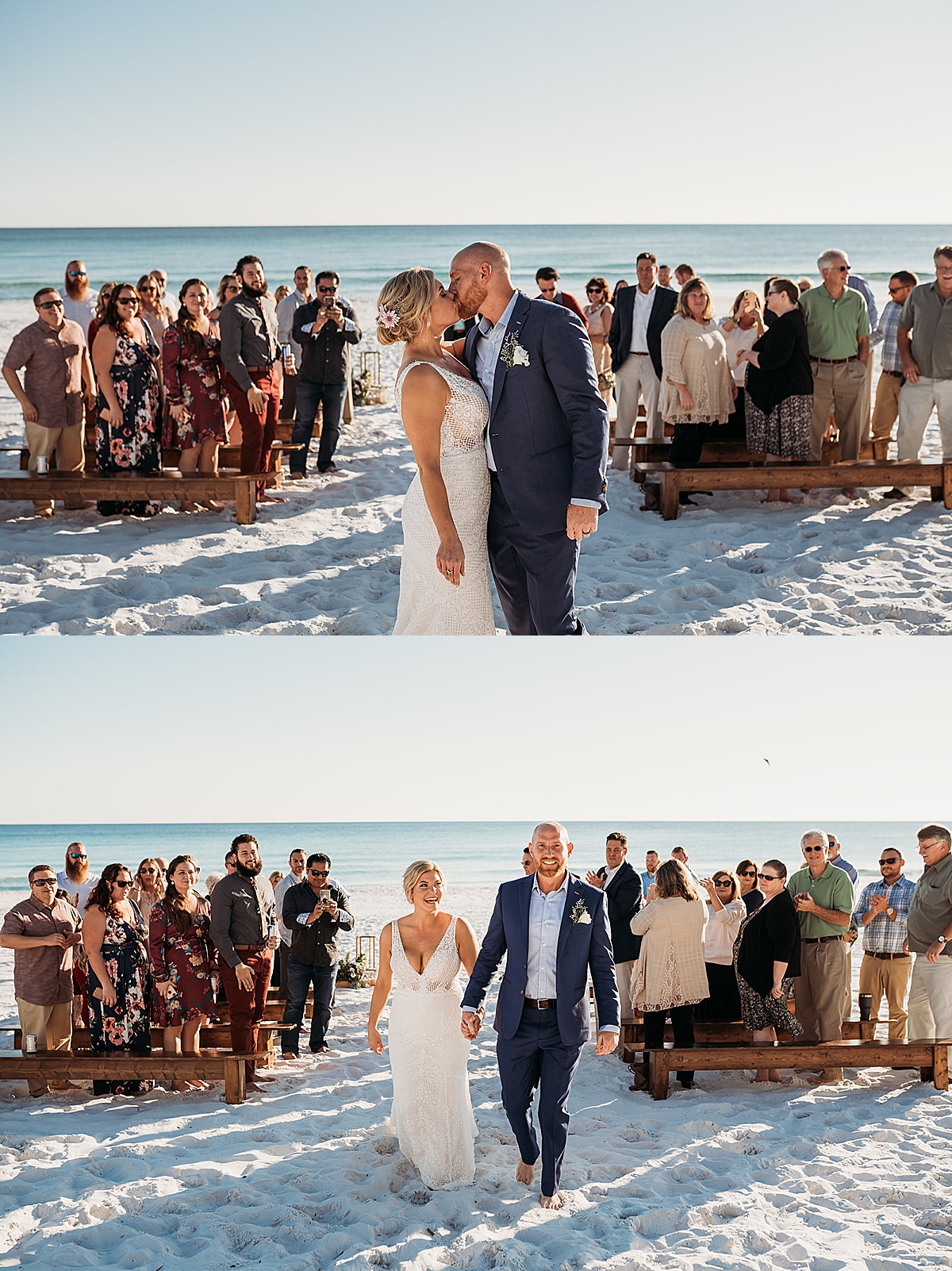 destination wedding photographer on the beach with newly married couple and friends and family 