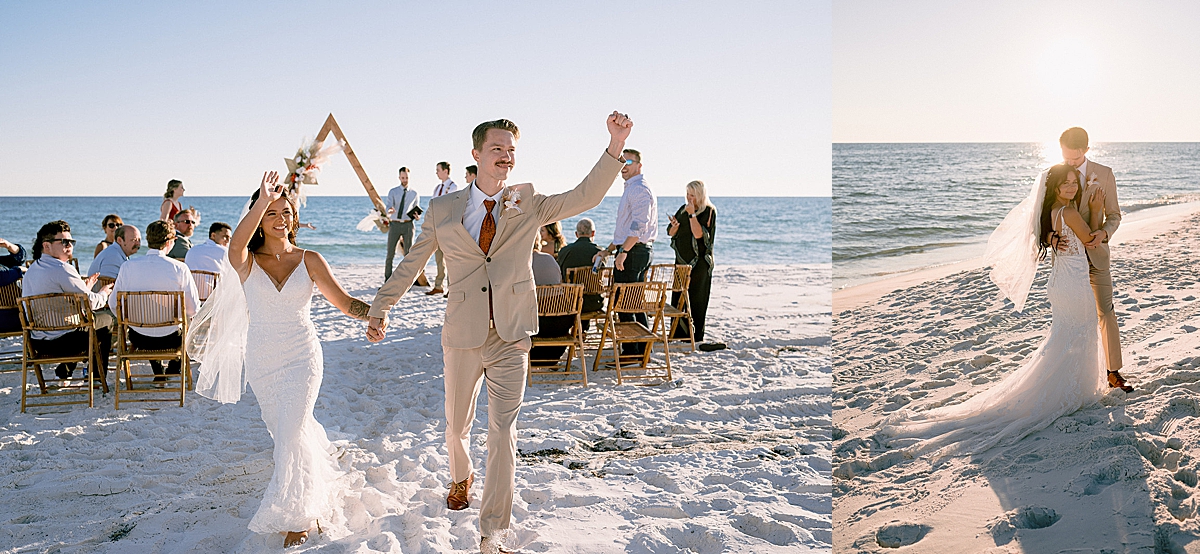 married couple walking back up aisle after destination beach wedding 