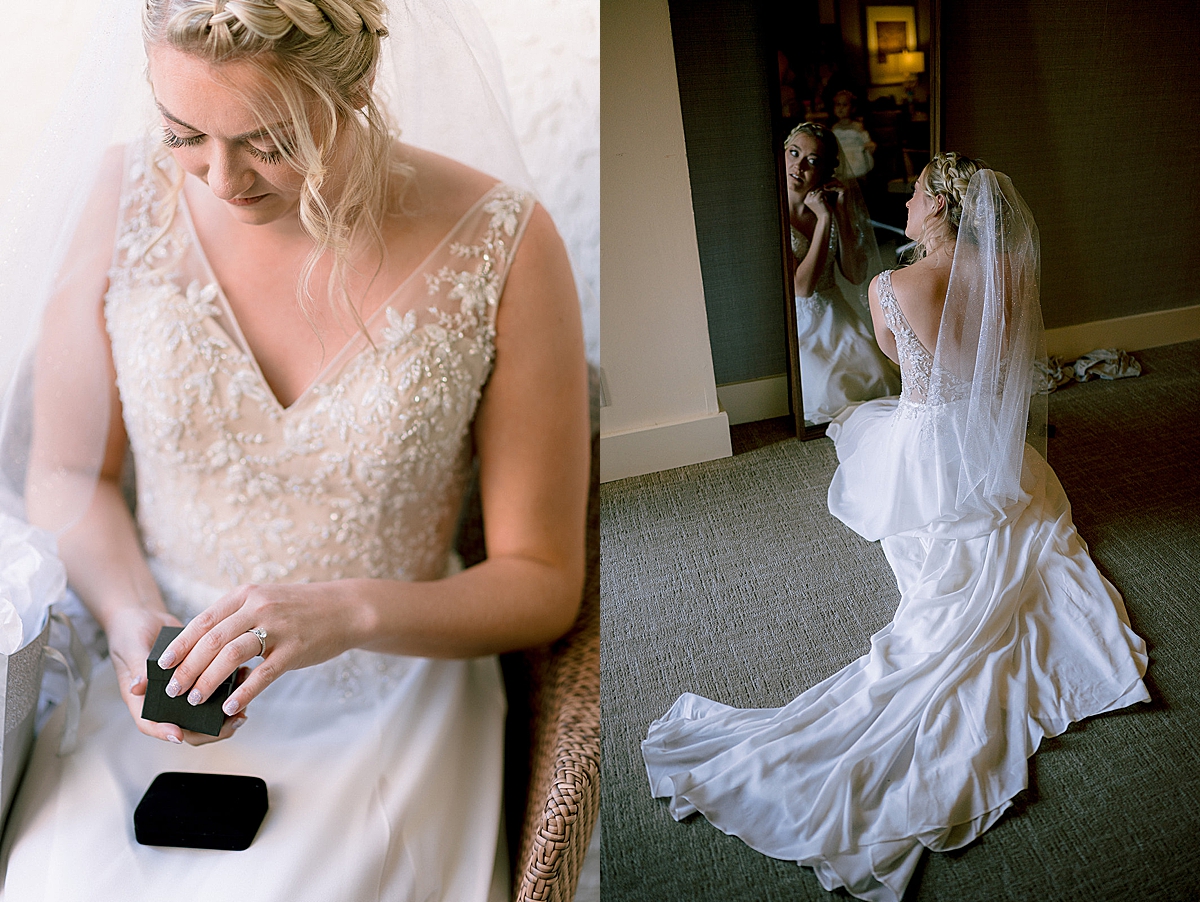 bride opens gifts from groom in hotel suite by destination wedding photographer 