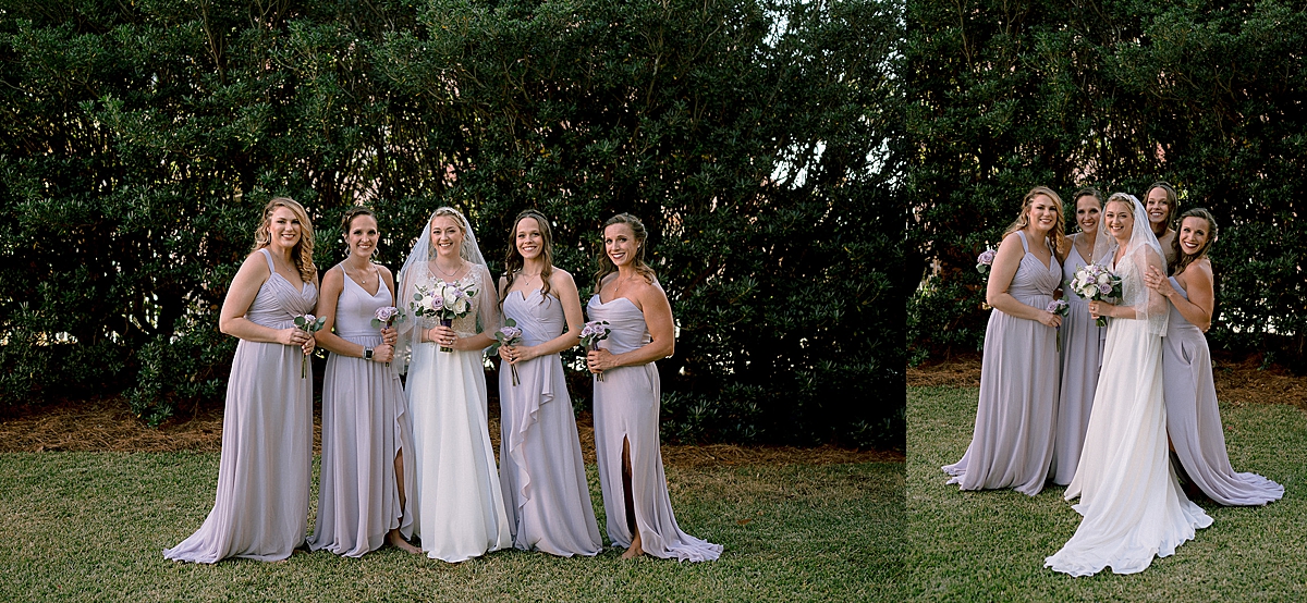 bride and bridesmaids in purple dresses holding bouquets at Sandestin beach