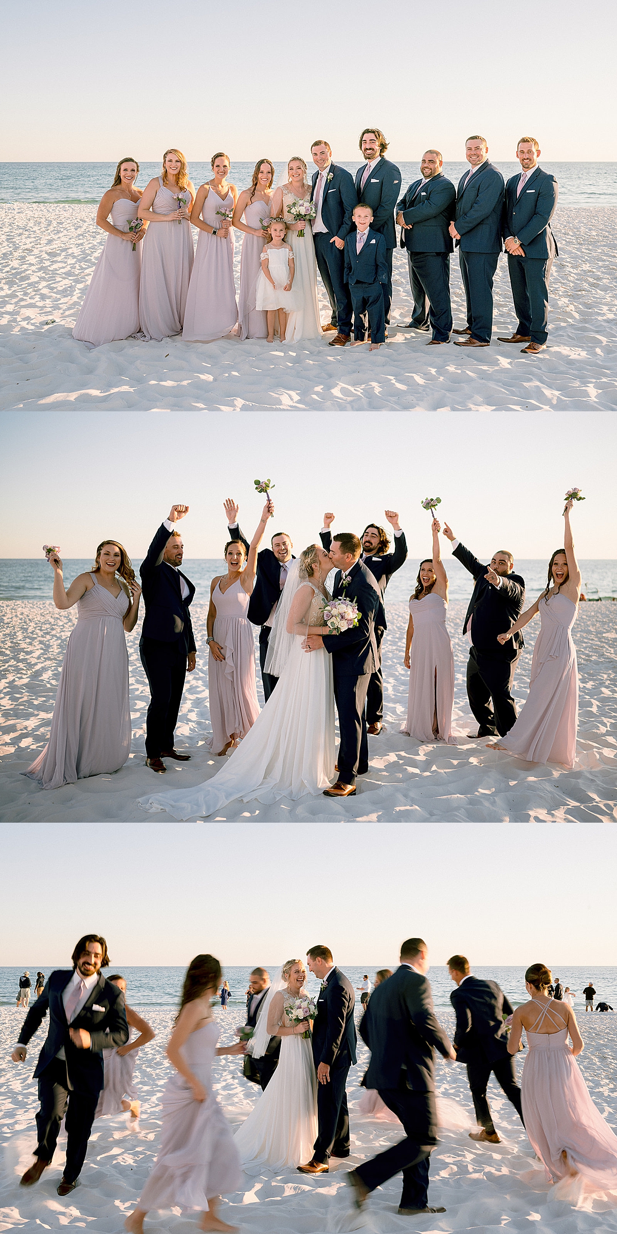 bride and groom with wedding party on the beach at sunset by Emily burns photo 