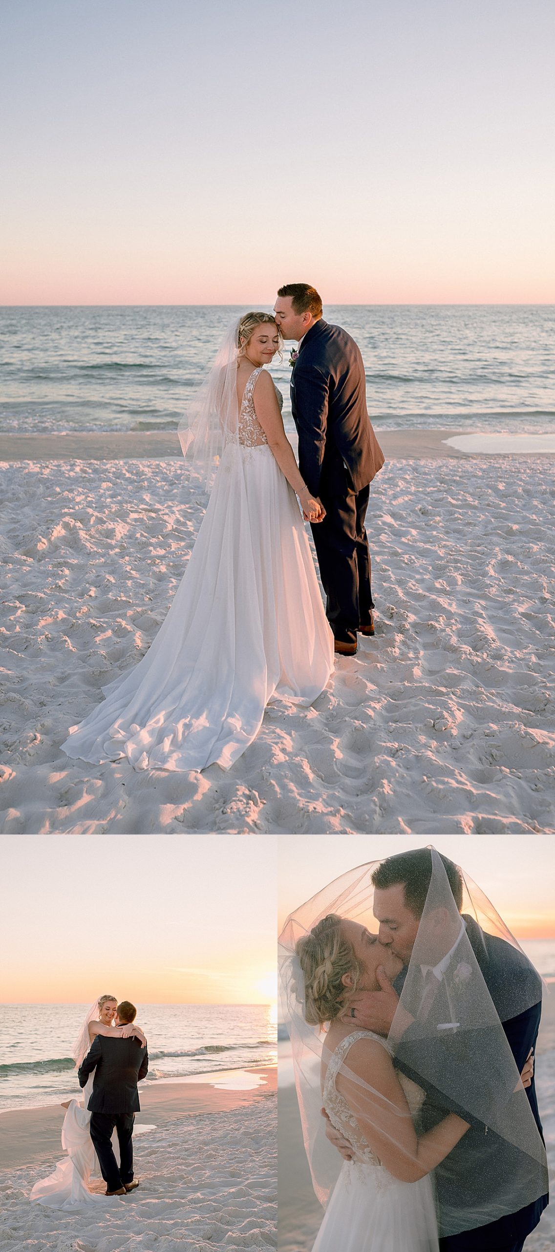 newly married couple twirl one another on beach at sunset by Emily burns photo