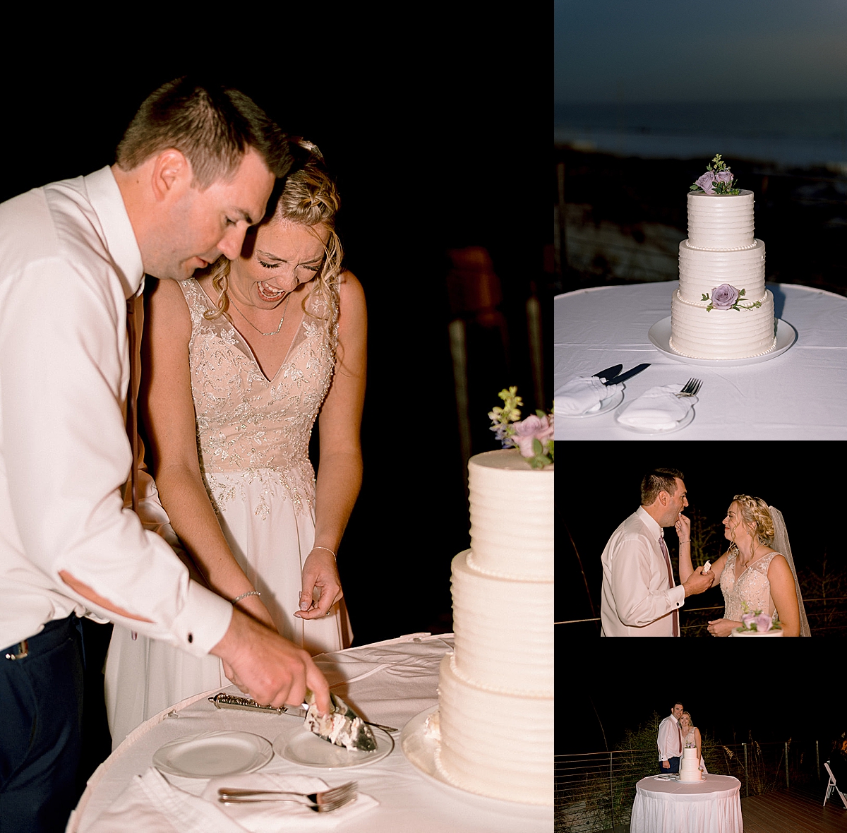 newly married couple cut wedding cake at reception by Emily burns photo