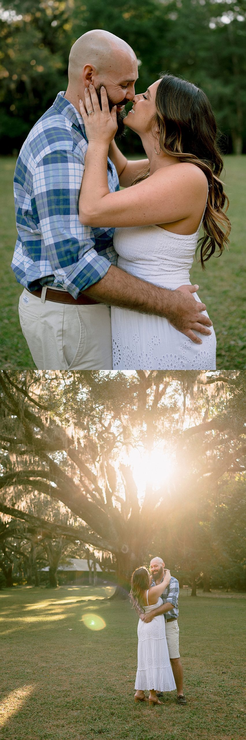 woman kissing mans face and sunset underneath florida trees during 30a engagement session 