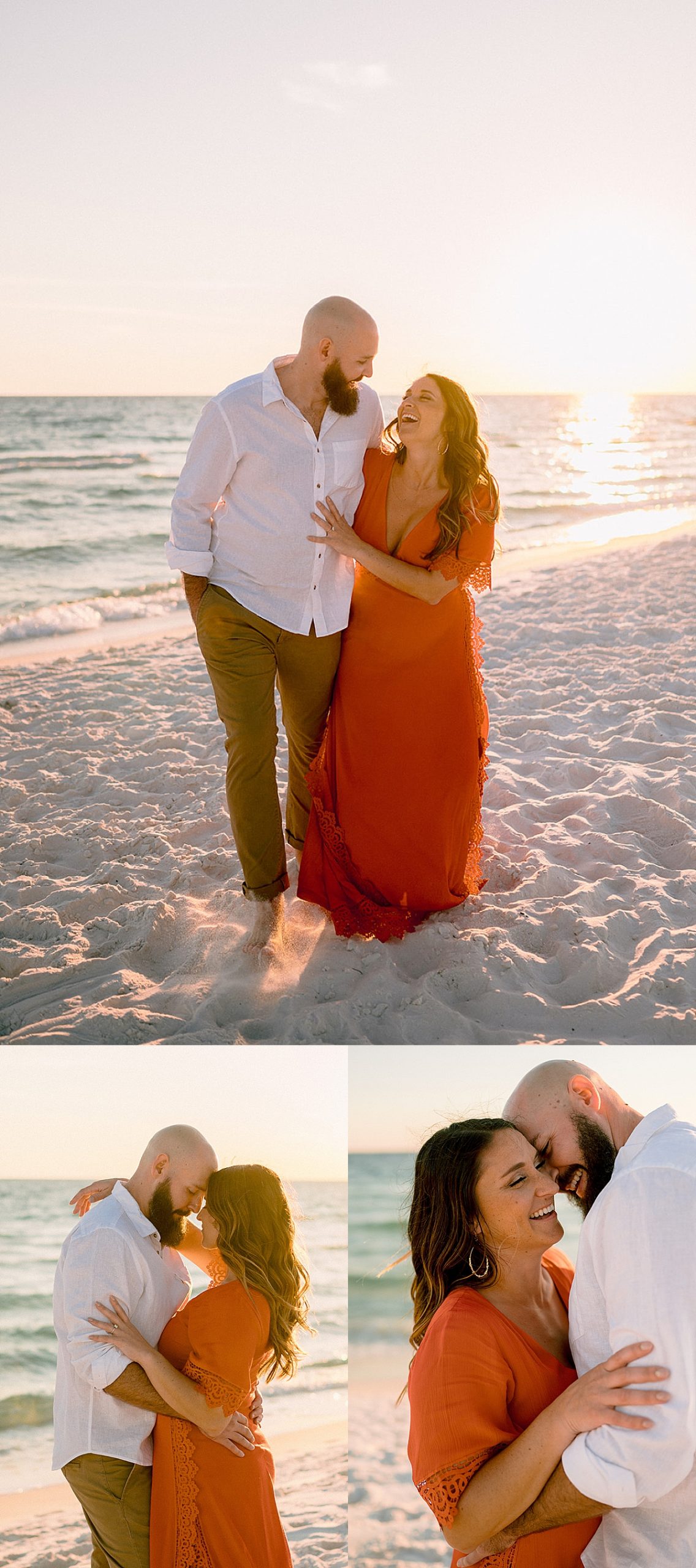 lady laughing on the beach walking with fiancé during 30a engagement session 