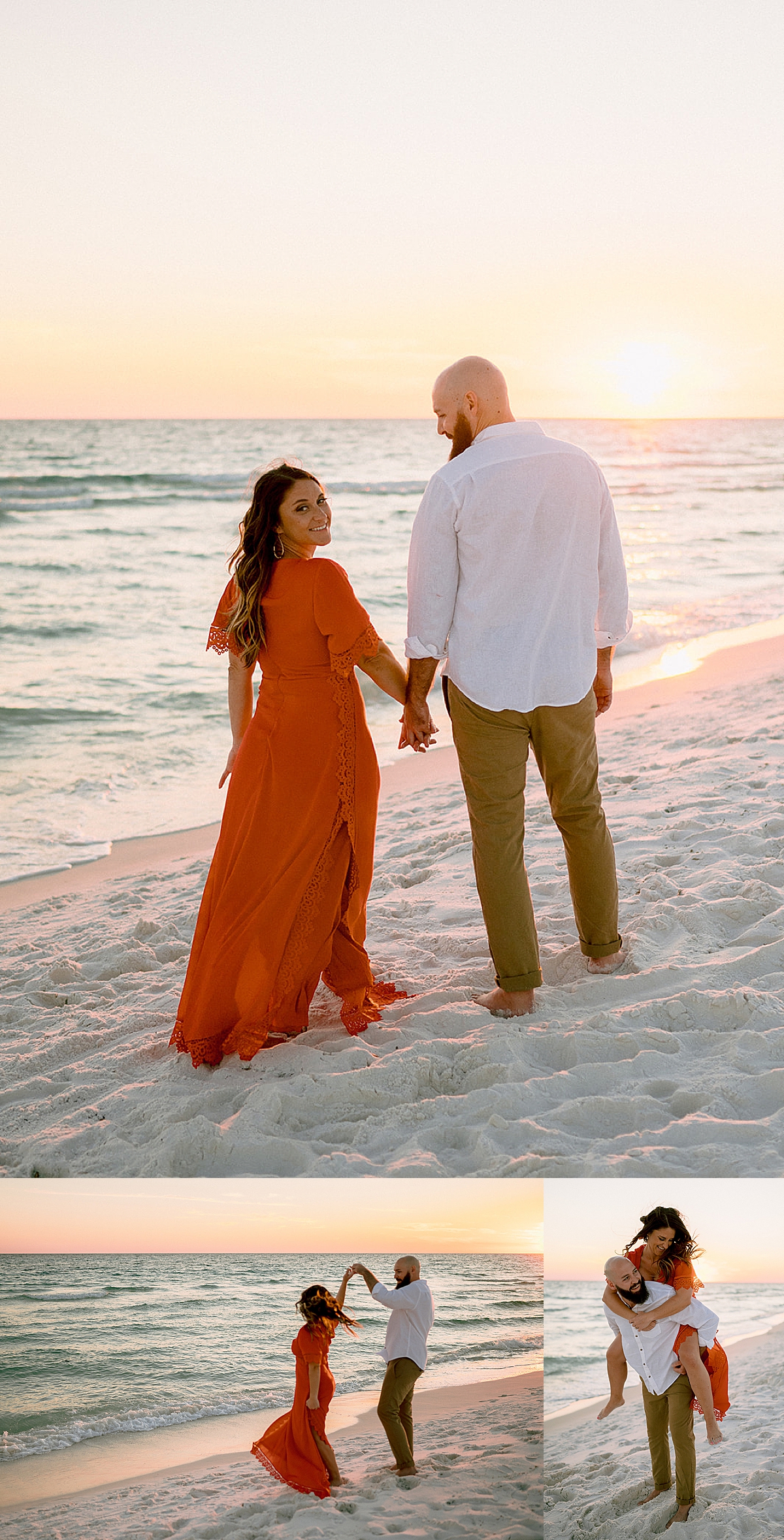 piggy back ride with fiances at sunset for 30a engagement session 