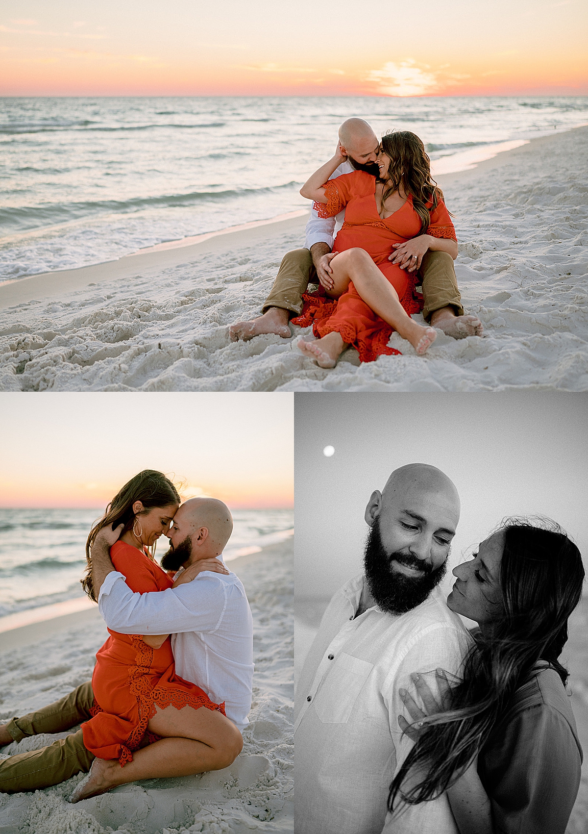 lady straddling fiancé on the beach in orange dress by Emily burns photo 