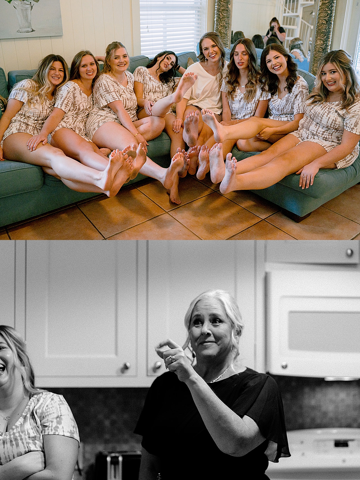 bridesmaids wearing matching pajamas while getting ready by Emily burns photo